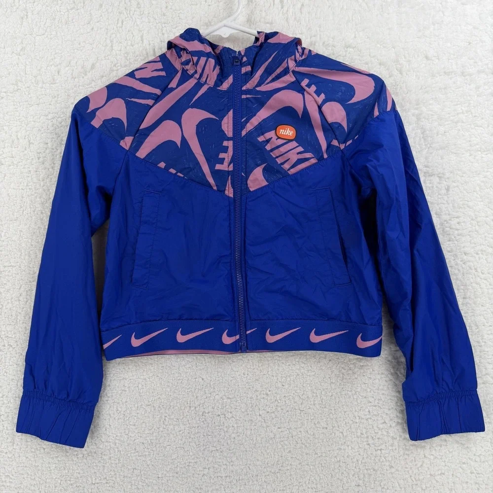 Nike Windbreaker Jacket Girls Medium Blue Pink Hooded‎ Colorblock Swoosh Logo